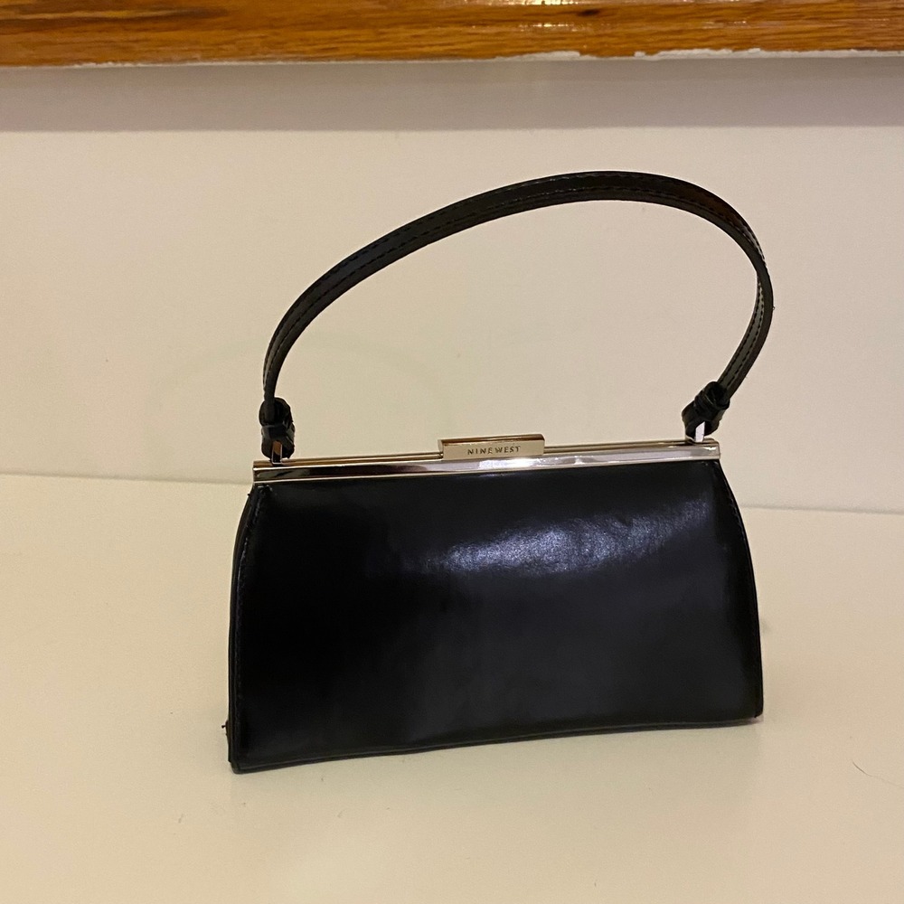 Nine West Black Mini Purse Faux Leather Evening Frame Clutch 7 Inch